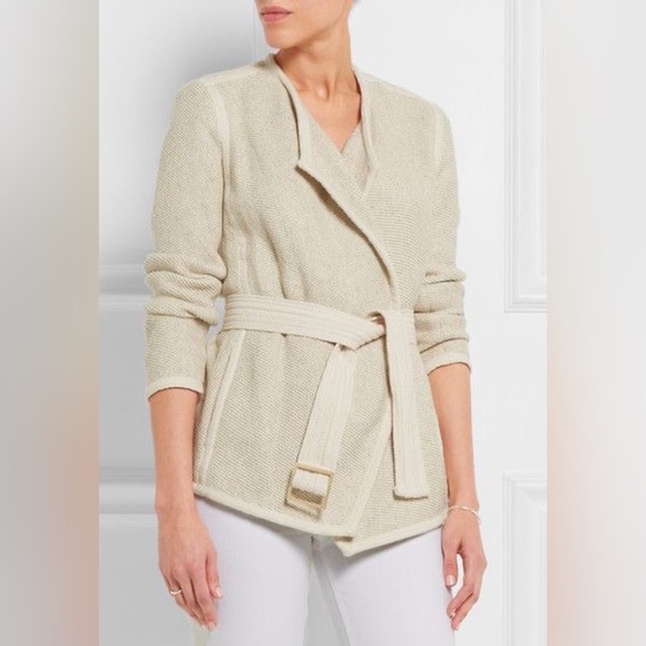 VINCE. Belted Soft Tweed Cotton-Blend Robe Jacket in Cream Beige • Blogger Fav! - Picture 3 of 13